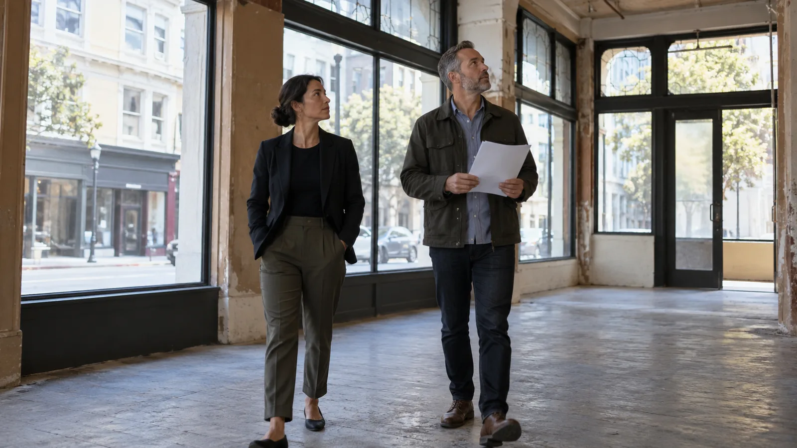 A business owner and a property manager reading a lease together at a small conference table in a plain office