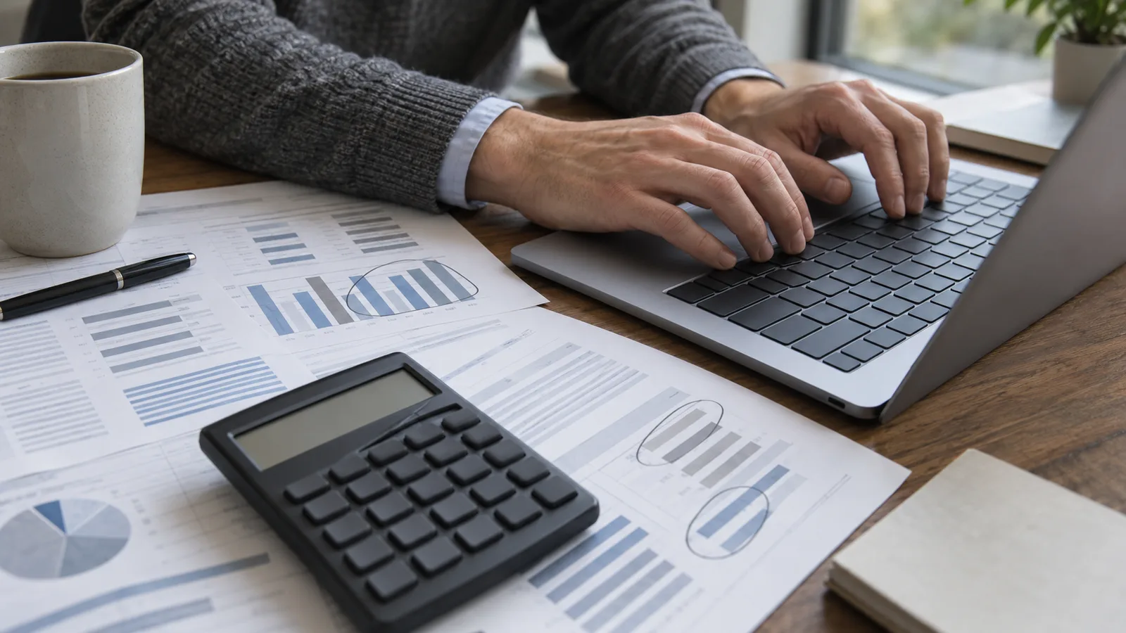 An accountant and a company owner going over a spreadsheet on a monitor in a quiet office, both focused on the screen
