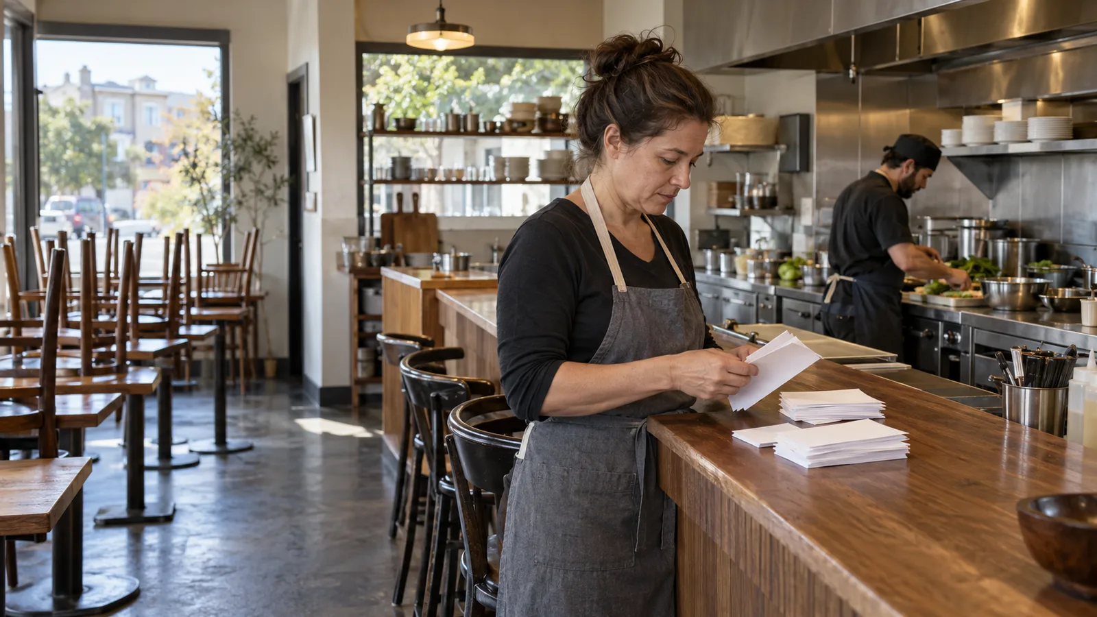 A restaurant owner and a chef reviewing invoices at a prep table in a quiet kitchen before dinner service