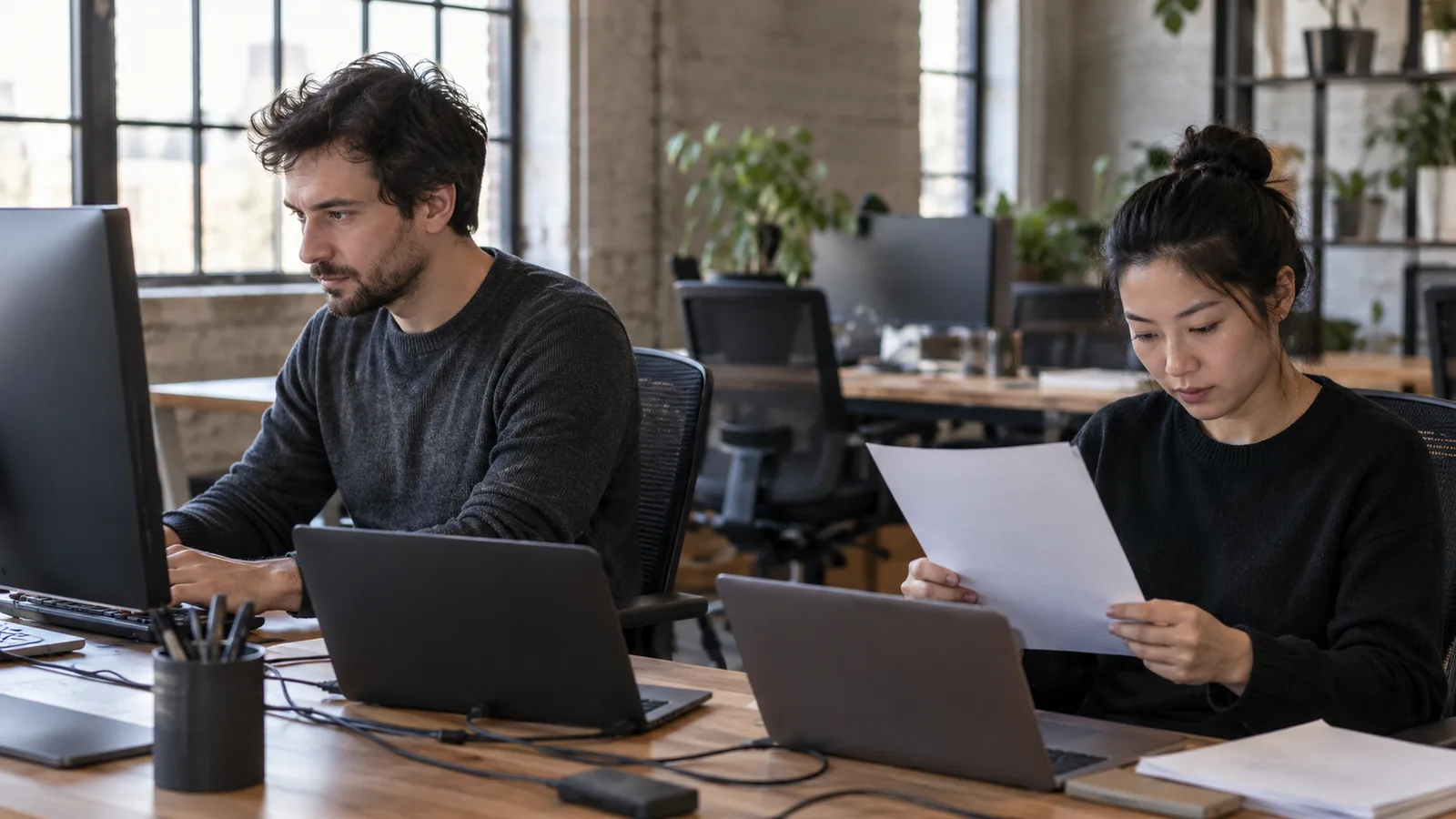 Two software engineers at a shared desk reviewing a pull request on a large monitor in an open office
